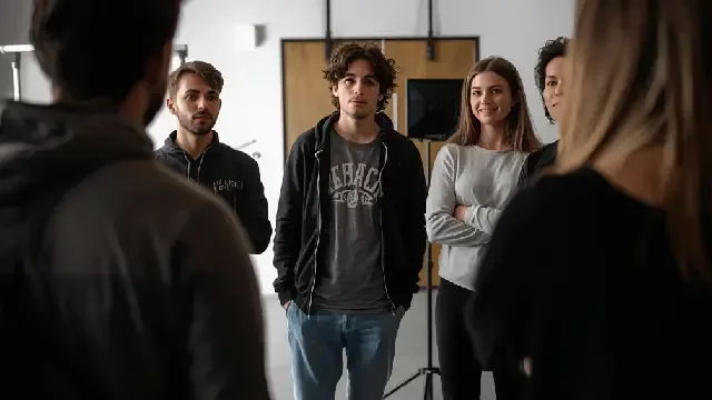 A group of young producers discuss the project before filming begins. Selective focus