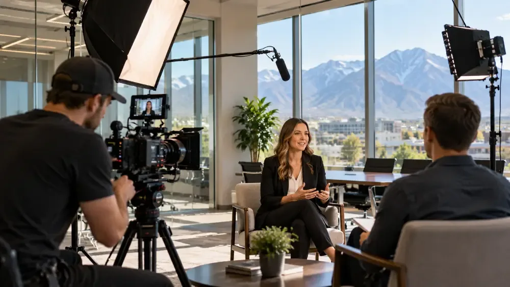 Corporate interview lighting setup in a Provo office conference room