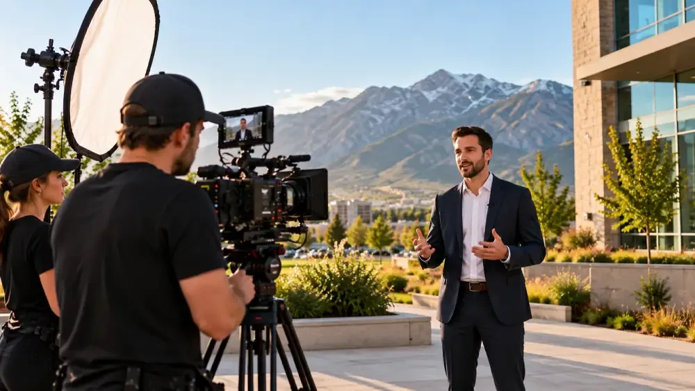 Professional video crew filming an outdoor corporate interview in Utah Valley with the Wasatch Mountains in the background