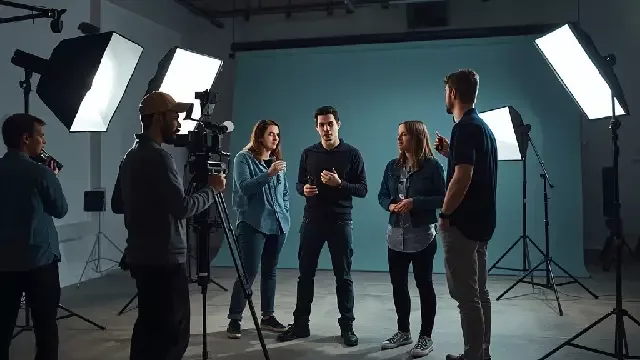 video production team collaborating on set during a commercial shoot in Salt Lake City
