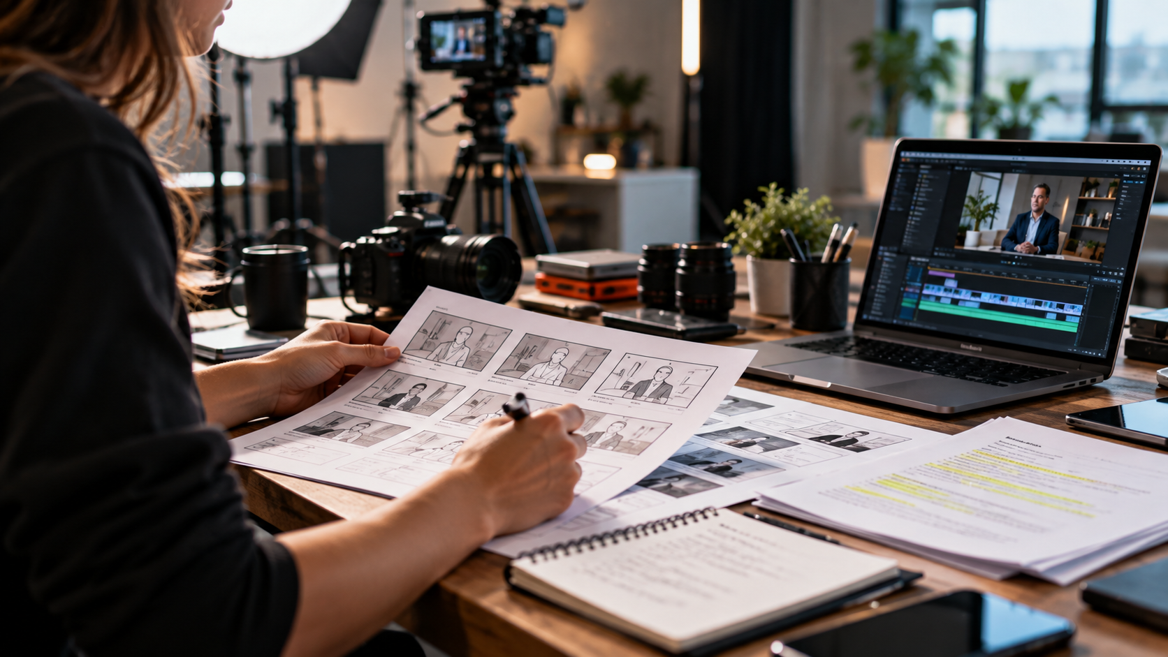Video producer planning a storyboard and shot list before filming a business video.